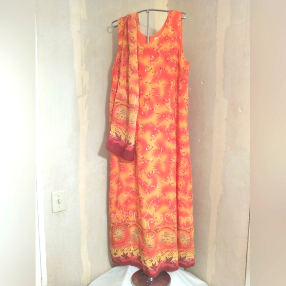 Orange Printed Dress With Matching Scarf